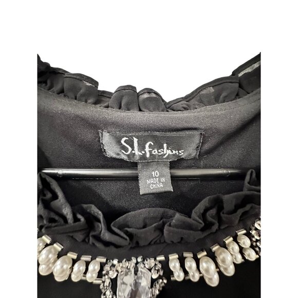 ✌️ 2/$40 ✌️ Black Mid-length Layered Chiffon, Jeweled Scoop Neckline Dress sz 10 - Picture 3 of 6